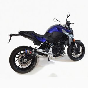F900R 2020-2025 De-Cat Performance Exhaust System 200mm Round Blue Tip Black Stainless Silencer
